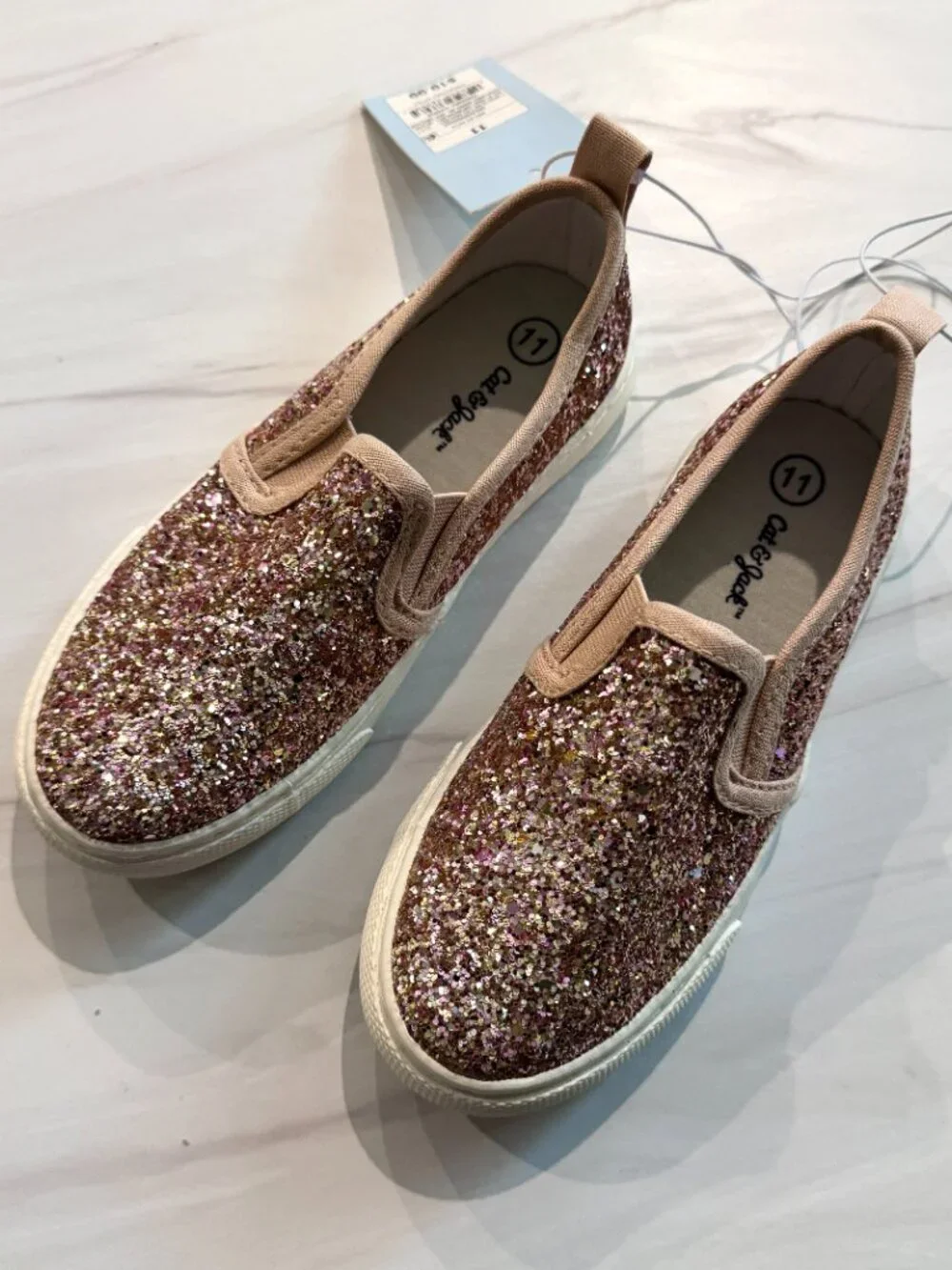 NWT Cat & Jack Girls Rose Gold Glitter Slip On Sneakers (Size 11)